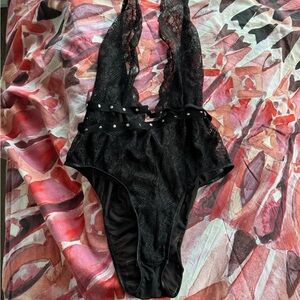 Black Lingerie Lace Bodysuit with Studded Accents | size x-small